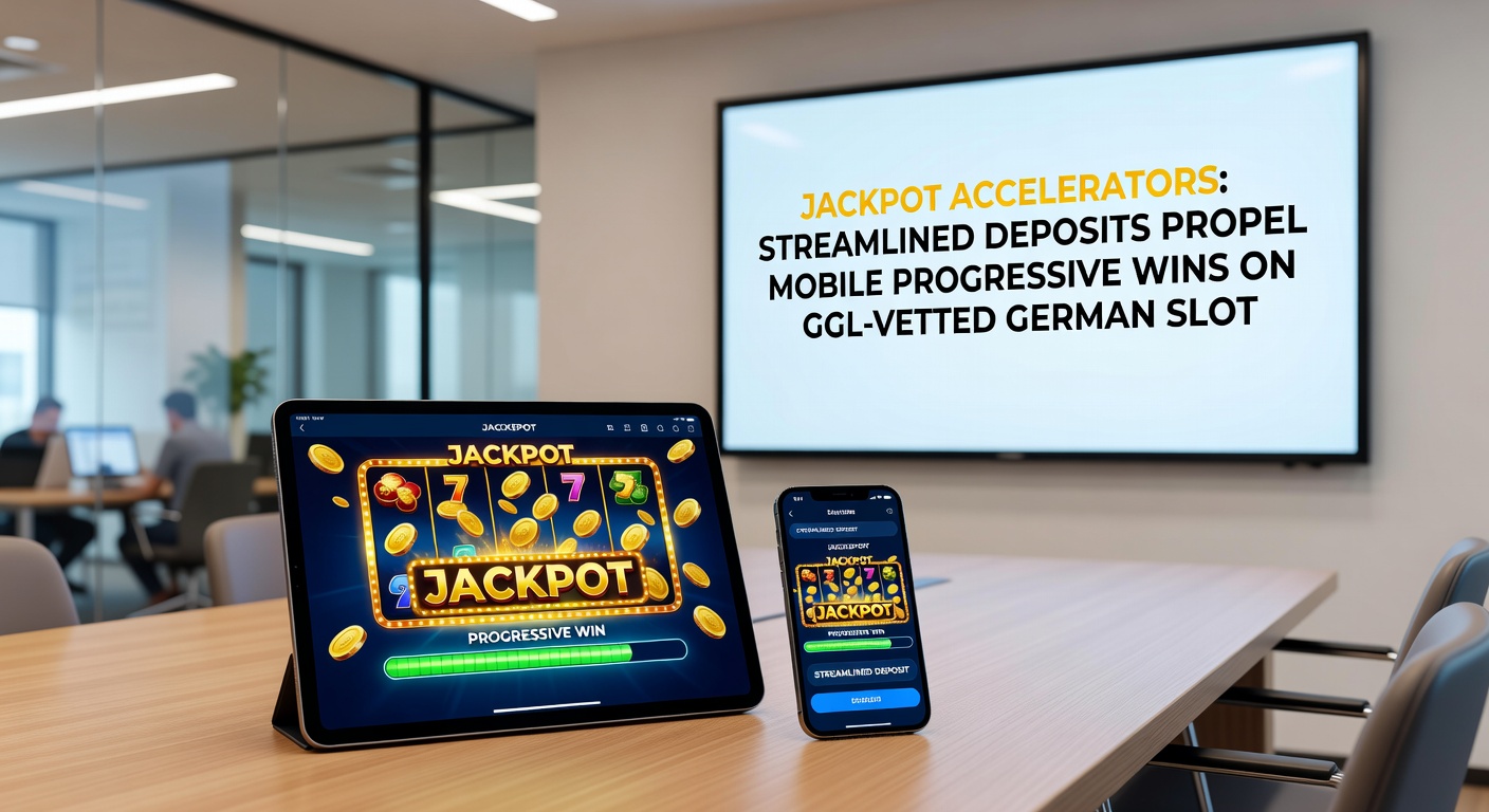 Nahaufnahme eines progressiven Slot-Jackpots auf einem Tablet, mit Overlay von Einzahlungsblitzen und GGL-Siegel, das den Moment eines nahenden Gewinns einfängt