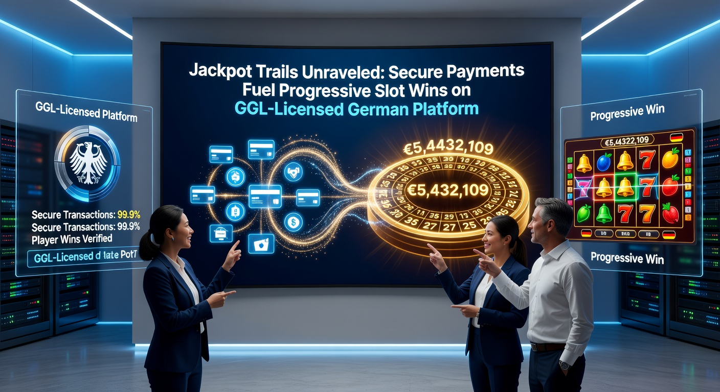 Screenshot einer GGL-lizenzierten Plattform mit steigendem Progressive-Jackpot-Zähler und sicheren Zahlungsoptionen, die schnelle Ein- und Auszahlungen ermöglichen