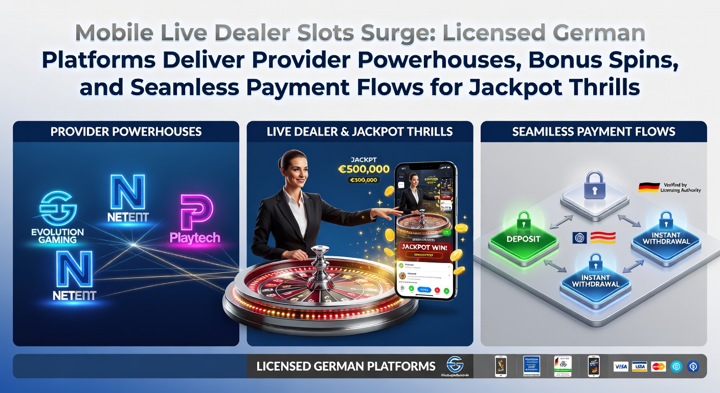 Mobiler Bildschirm mit Live-Dealer-Slot in Aktion auf einer lizenzierten deutschen Plattform, umgeben von Jackpot-Anzeigen und Zahlungsoptionen