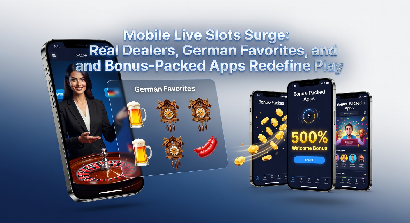 Smartphone mit Live-Slot-Spiel und echtem Dealer im Vordergrund, umgeben von deutschen Slot-Symbolen wie Brezeln und Bierkrügen